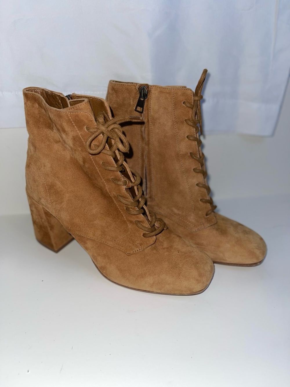 Vince Tan Suede Lace-Up Block Heel Ankle Boots